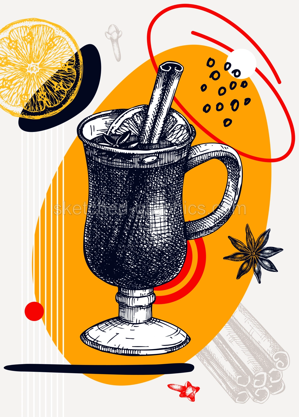 Collage style mulled wine vector illustration. Sketched alcoholic drink. Trendy design with glass mug,geometric and abstract shapes. Hot cocktail for print, poster, card, social media Illustration